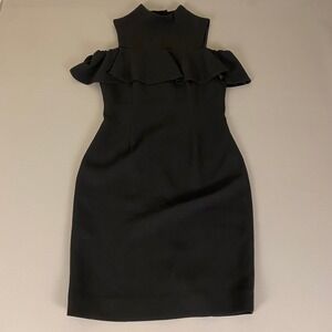 Rickie Freeman‎ Teri Jon Dress Size 6 Black Cold Shoulder Ruffle Mock Neck *
